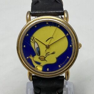 Vtg Armitron Tweety Bird Watch Unisex 34mm Gold Tone Woven Band New Battery 1994